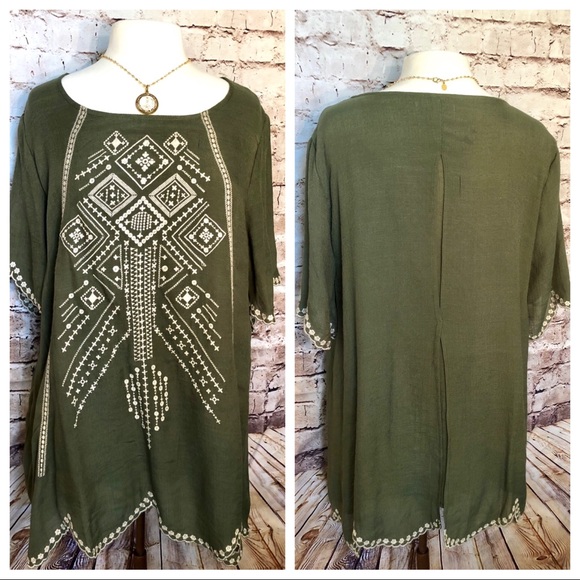 Coldwater Creek olive green embroidered top